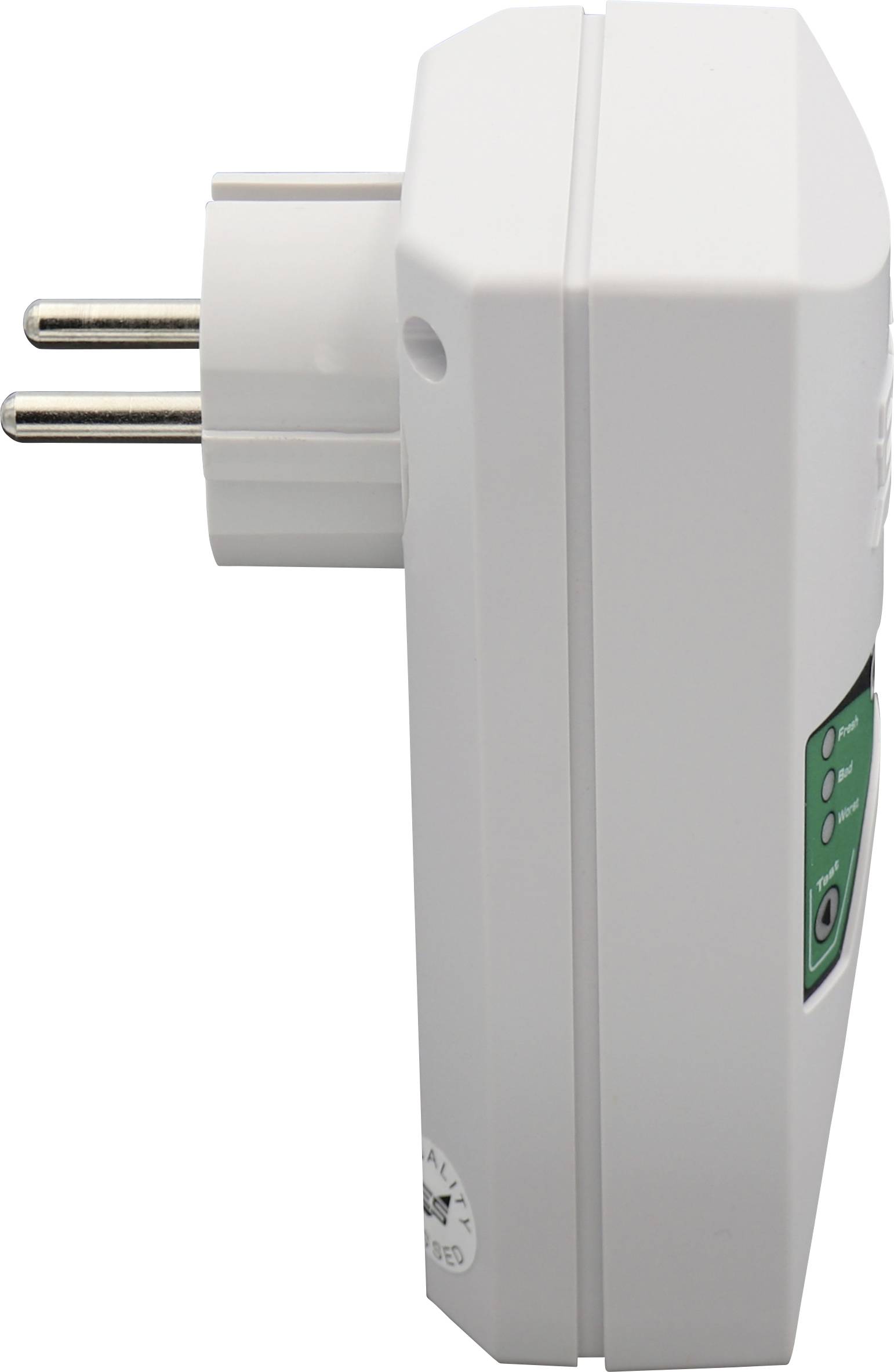 'Side view of a white plug adapter with EU plug type and green display'