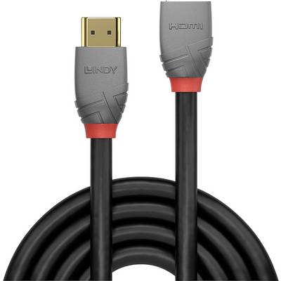 A black HDMI cable with grey connectors and a red accent. The connectors are marked with 'Lindy' and 'HDMI'.
