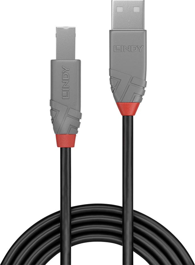 Black USB cable with USB-A and USB-B plugs. The plugs are grey with red accents and bear the 'Lindy' branding.