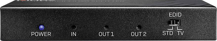 A black device with labels: 'POWER', 'IN', 'OUT1', 'OUT2', 'EDID' and a switch with positions 'STD' and 'TV'.