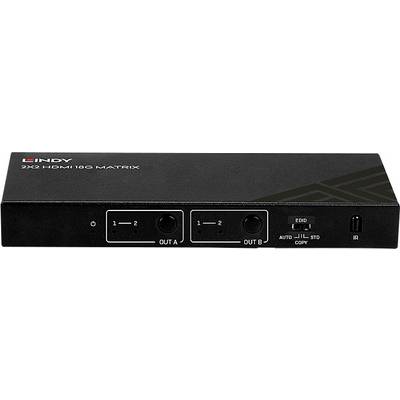 Black 2x2 HDMI matrix from Lindy with connections for 'OUT A' and 'OUT B', slide switch for 'EDID' and IR receiver.
