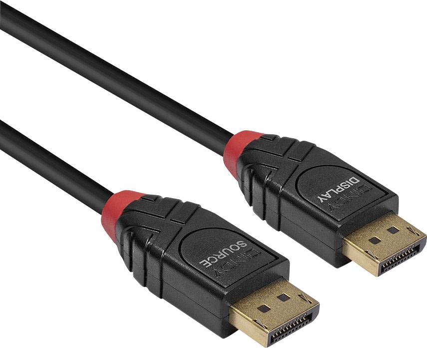 Two black DisplayPort cables with red markings, one labelled 'Source', the other labelled 'Display'.