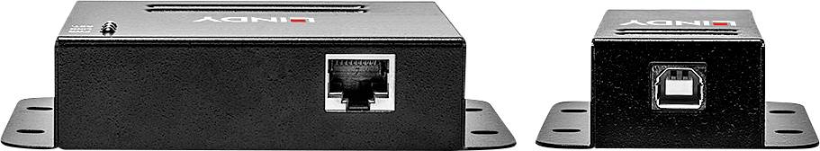 Two black electronic devices in rectangular form, placed side by side. On the left is a larger device with an Ethernet port.