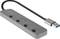 USB hub with four ports, black connection cable and silver casing.