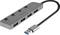 USB Hub with four USB ports; slim, silver casing; short, black connection cable. 'Lindy' brand name printed.