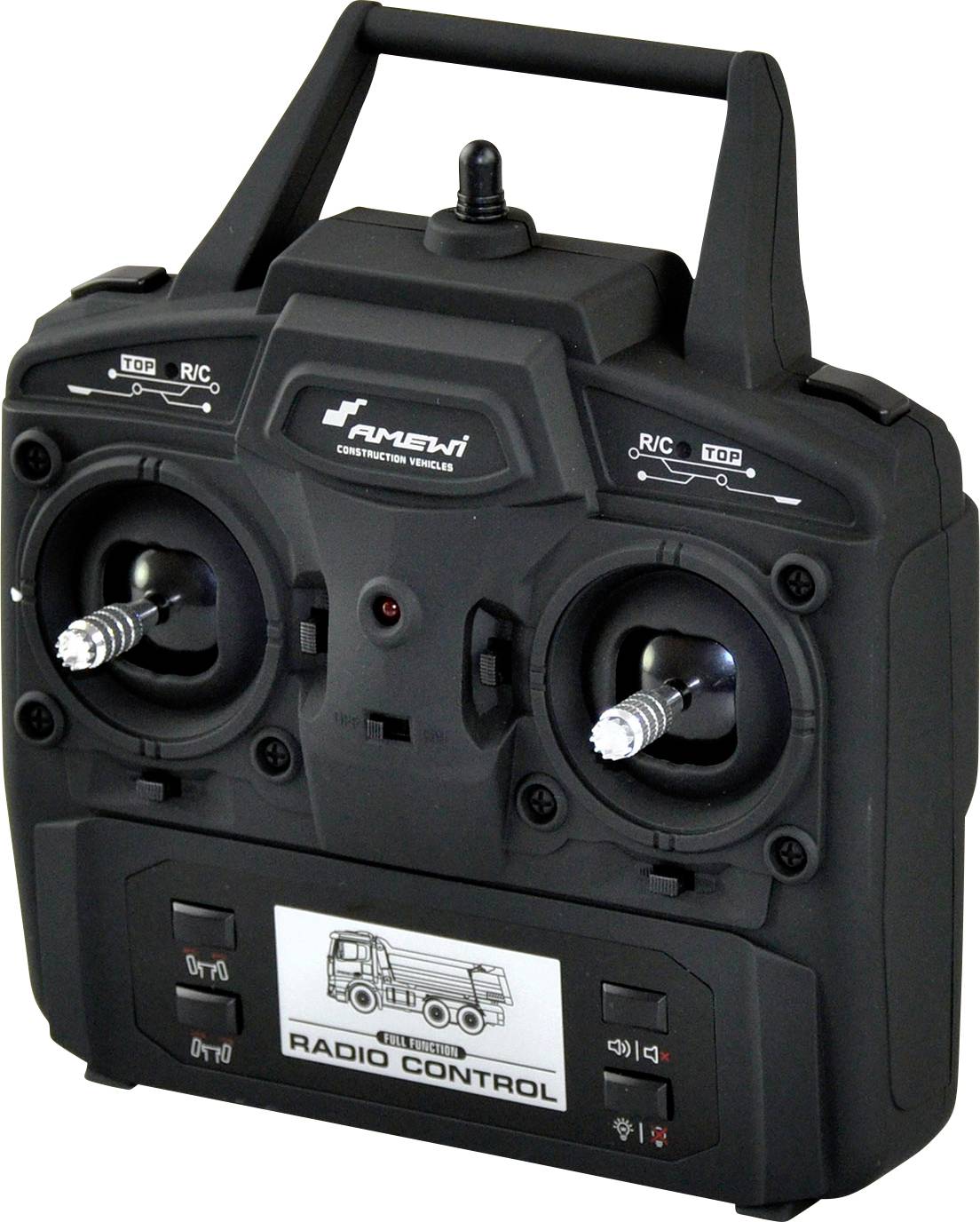 Remote control for model vehicles with two control sticks and multiple switches, suitable for RC vehicles.