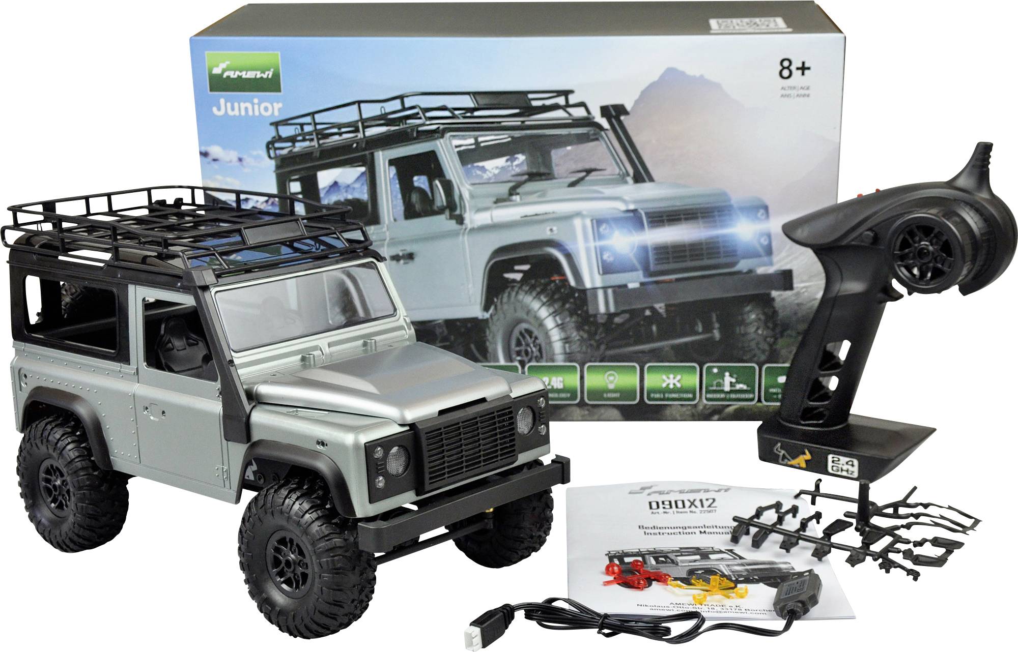 Remote-controlled off-road toy vehicle set with accessories for children aged 8 and over. Packaging displays an image of the vehicle in a natural setting.