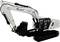 A white excavator with a black track undercarriage is standing sideways. The excavator has a large boom and a loading bucket.