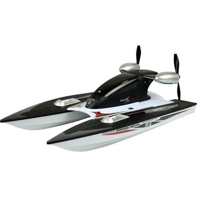 Remote-controlled model boat with two silver propellers and a black casing, designed for speed and water manoeuvres.