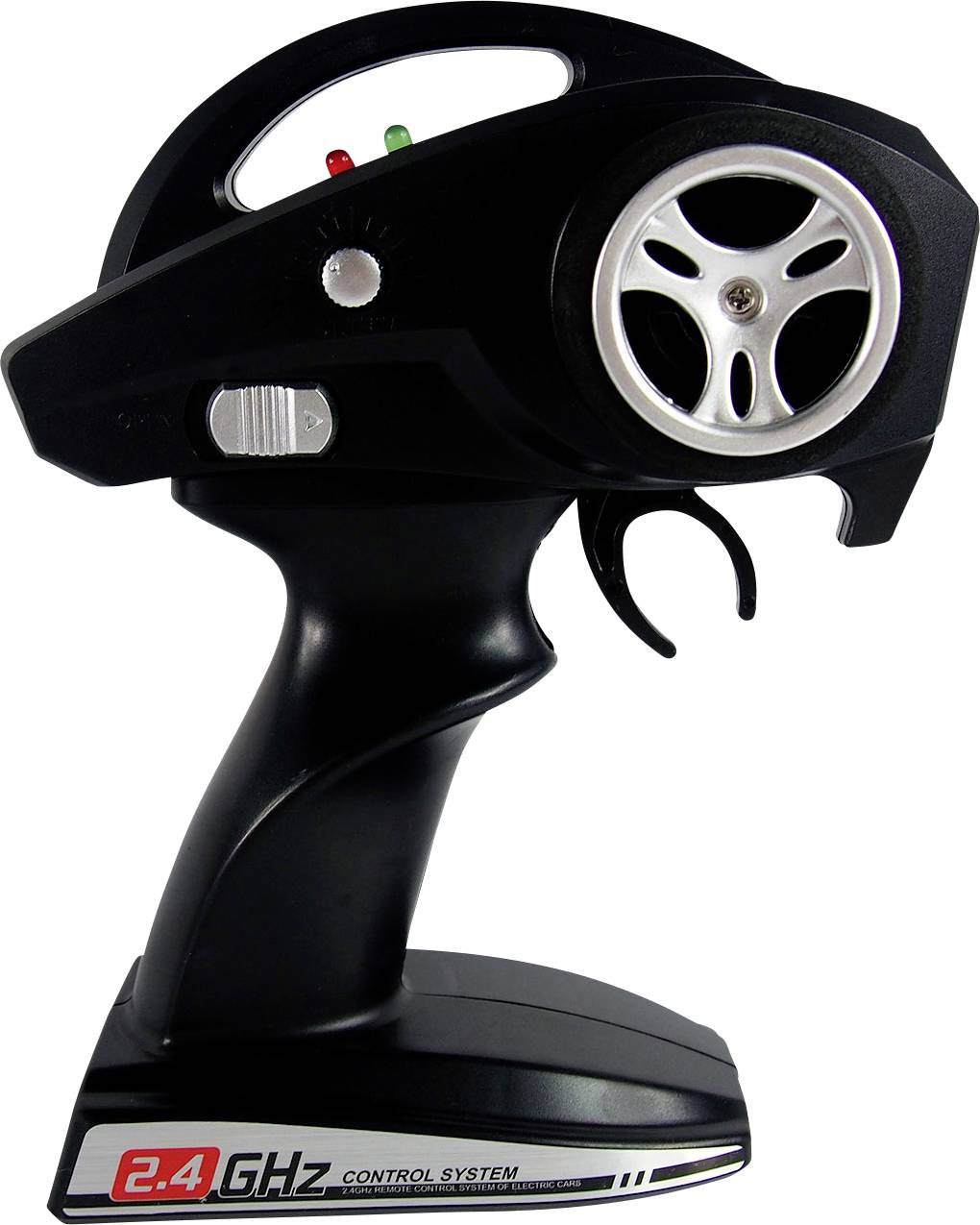 Hand-held remote control for a remote-controlled car, black, with steering wheel and 2.4 GHz control.