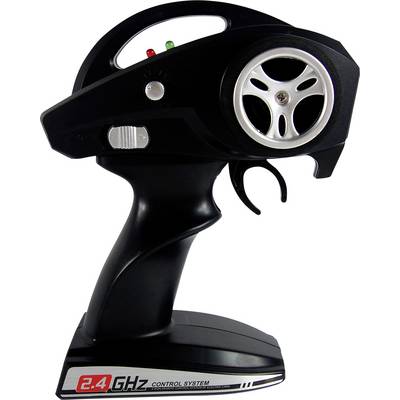 Hand-held remote control for a remote-controlled car, black, with steering wheel and 2.4 GHz control.