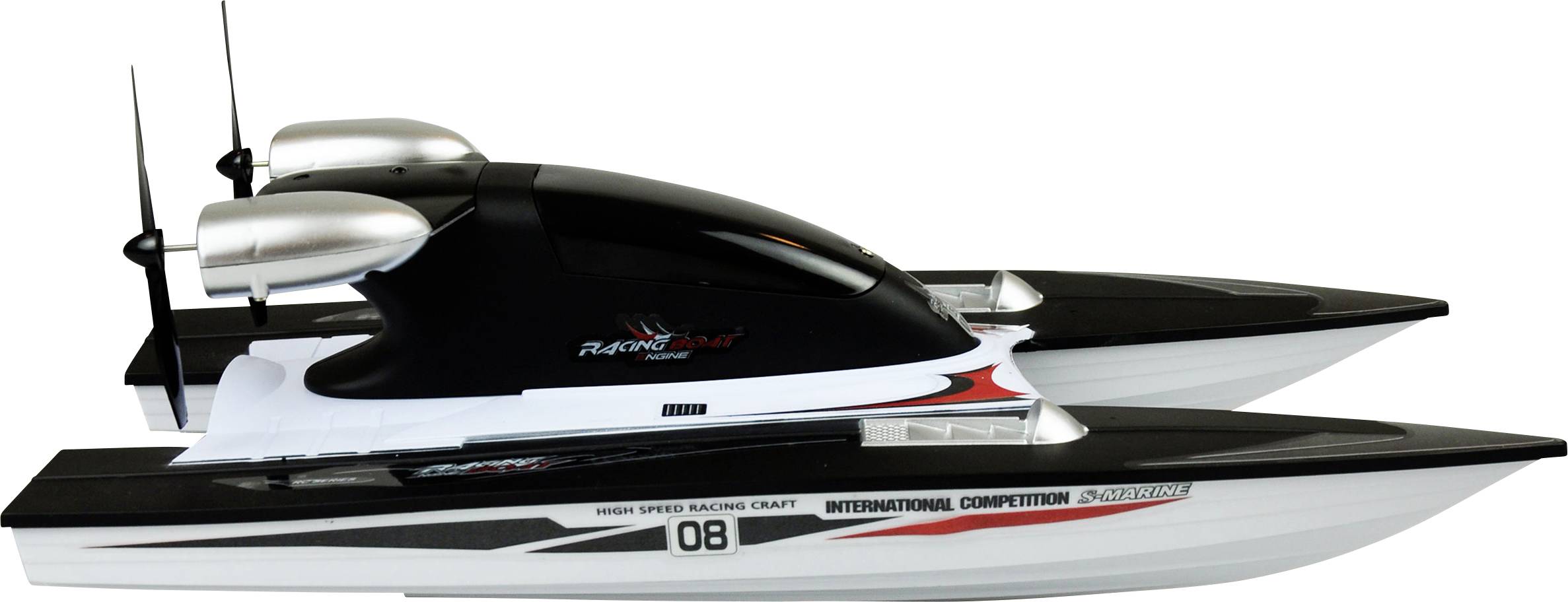 'Black and white racing boat with number 08 and inscription 'International Competition'. Two aerials and large motors at the stern.'