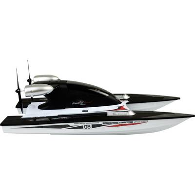 'Black and white racing boat with number 08 and inscription 'International Competition'. Two aerials and large motors at the stern.'