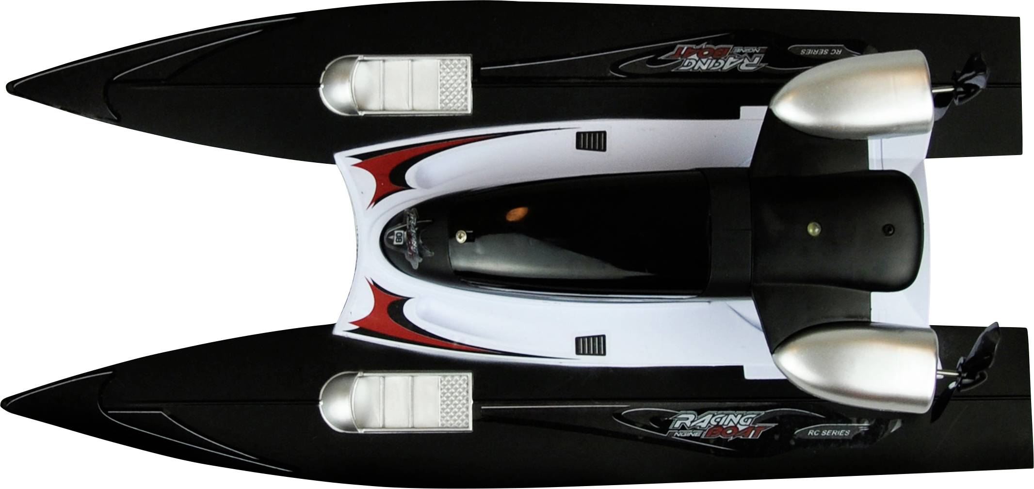 Black and white RC racing boat, top view, with red accents and silver engines.