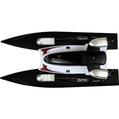 Black and white RC racing boat, top view, with red accents and silver engines.