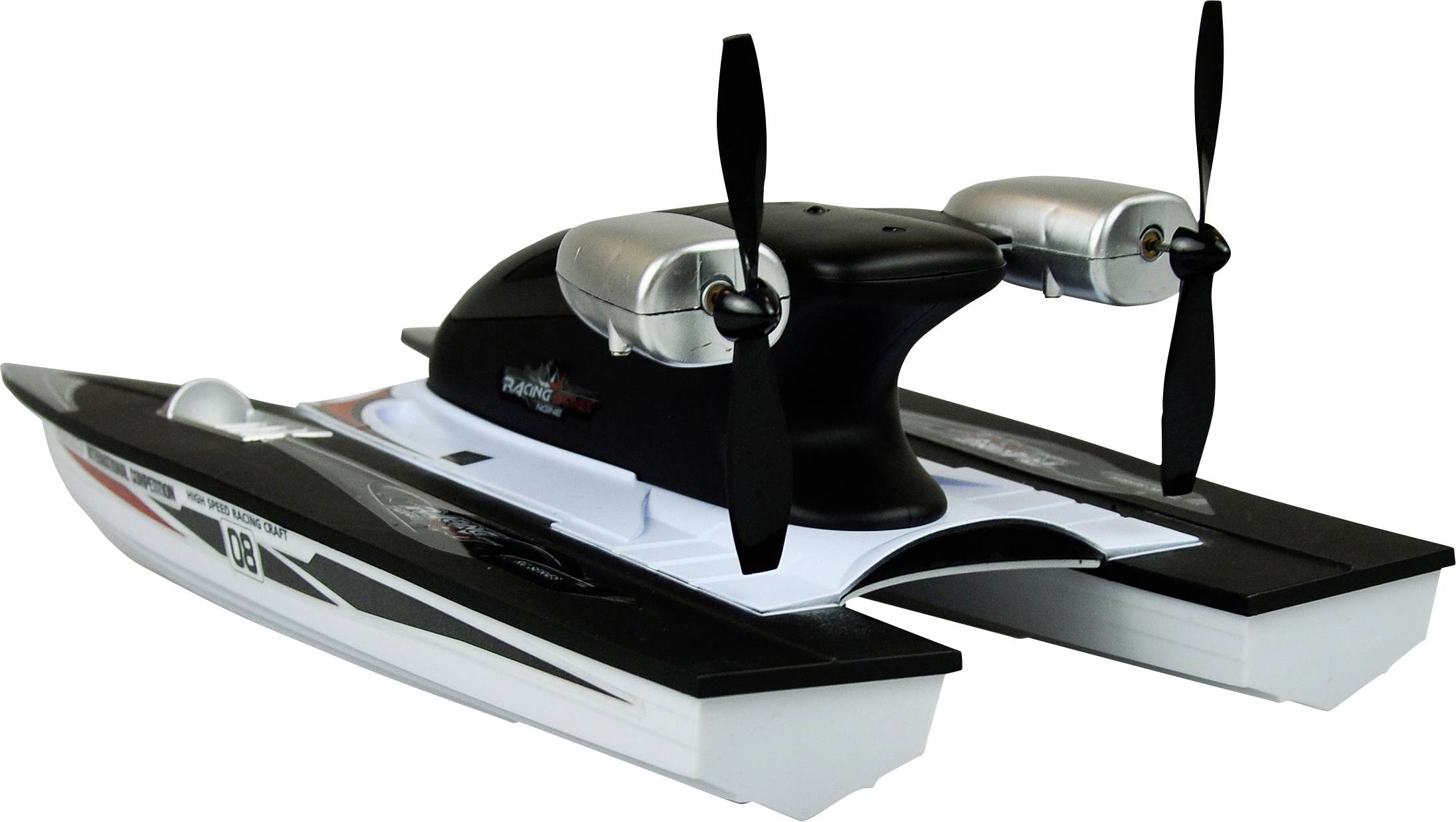 Remote-controlled black and white hovercraft model with twin propellers.