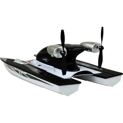 Remote-controlled black and white hovercraft model with twin propellers.