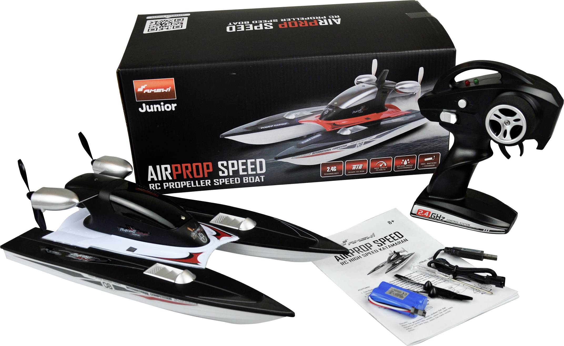 Remote-Controlled Propeller Speed Boat 'Airprop Speed' with Controller, Charger and Instructions. Packaging with Product Image.