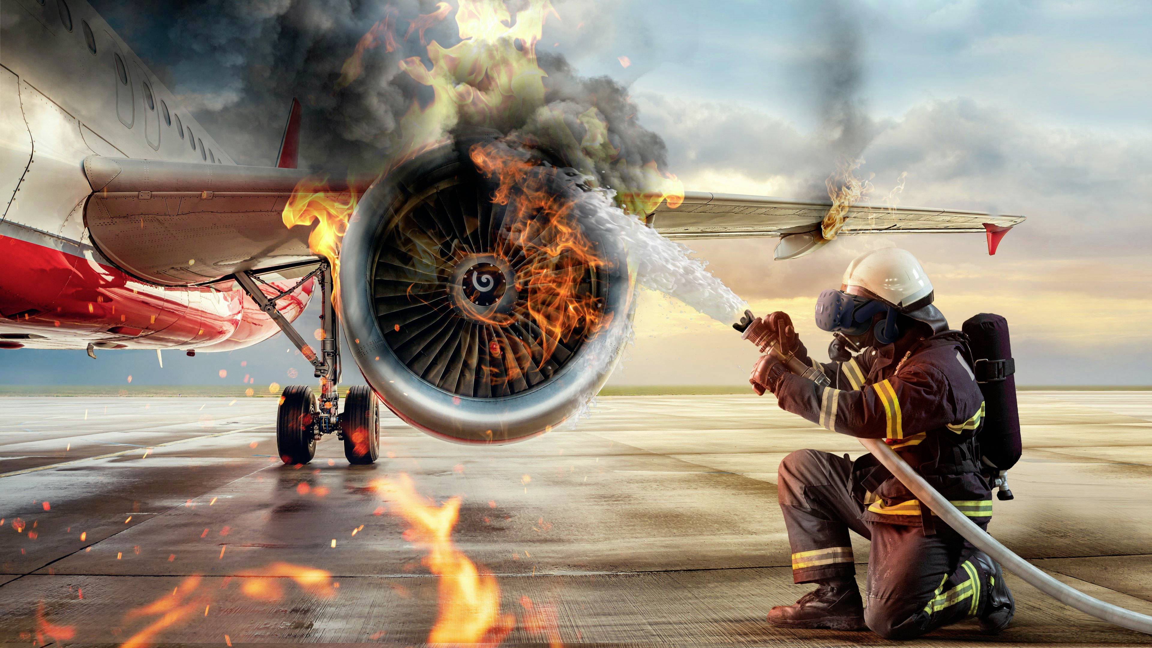 A firefighter is extinguishing a burning aircraft engine on a runway using a water hose. Thick black smoke is rising.