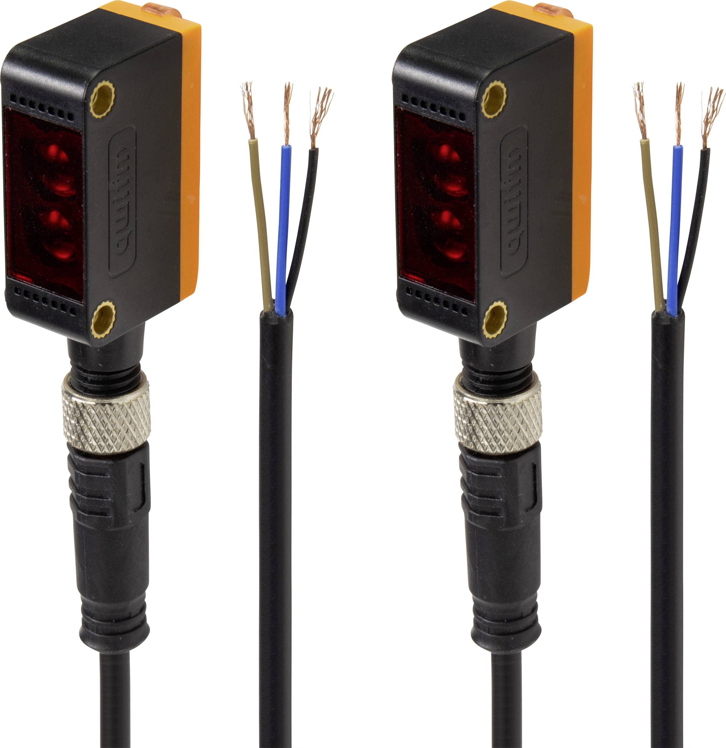 Two rectangular sensors with black cables and exposed wires. Each sensor has a bright red light window.