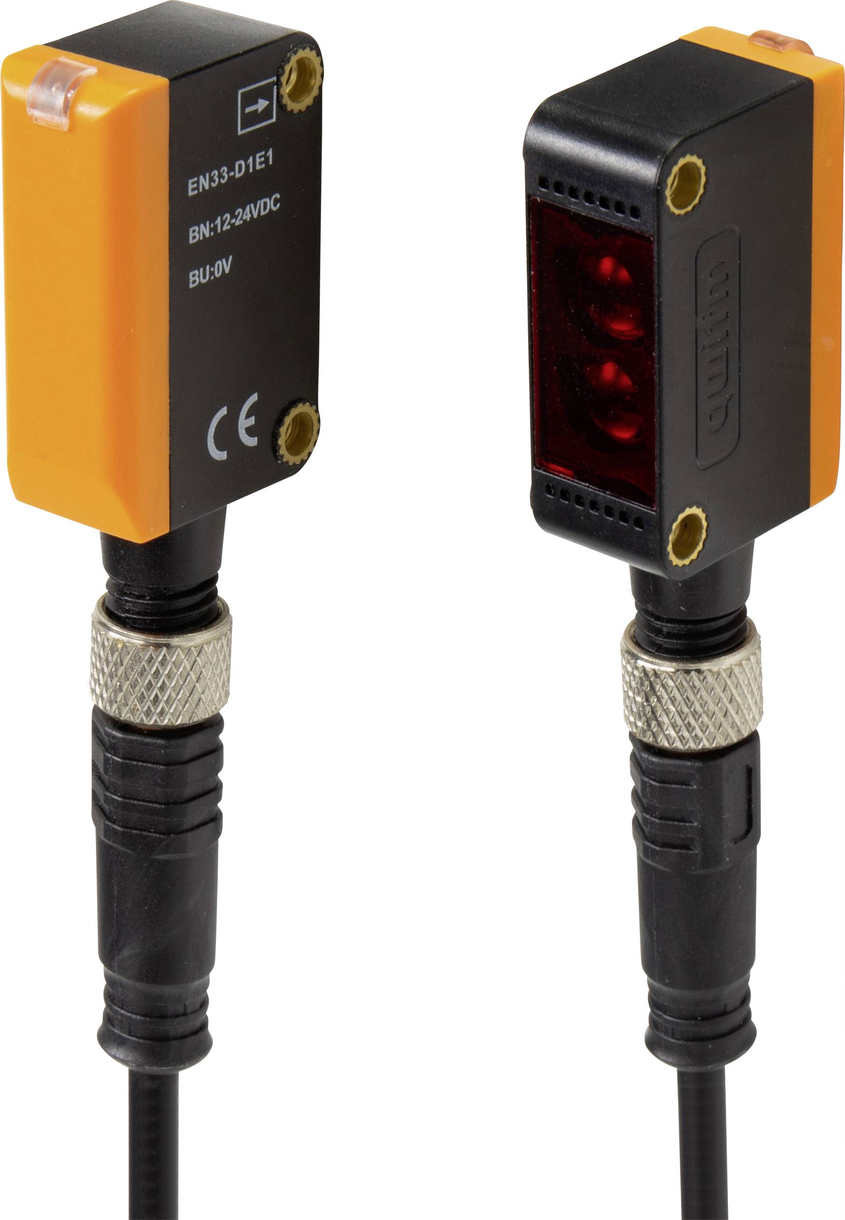 Two sensor devices with orange casings and black cables. The device on the left shows labels, the device on the right displays a sensor surface.