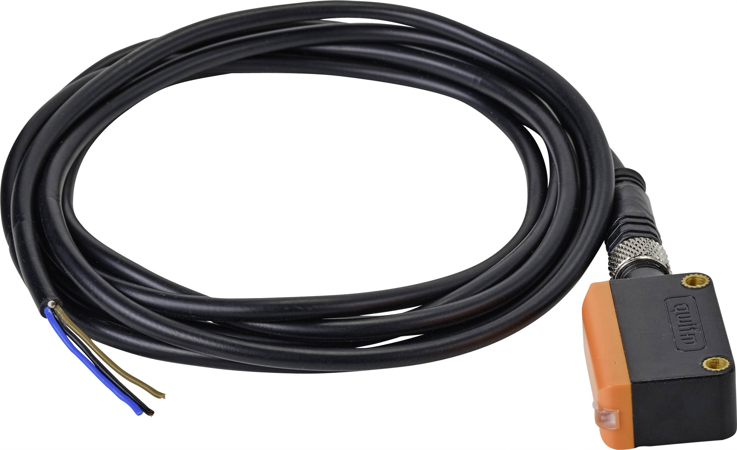 A long black cable with an orange-black rectangular connector and exposed wire ends.