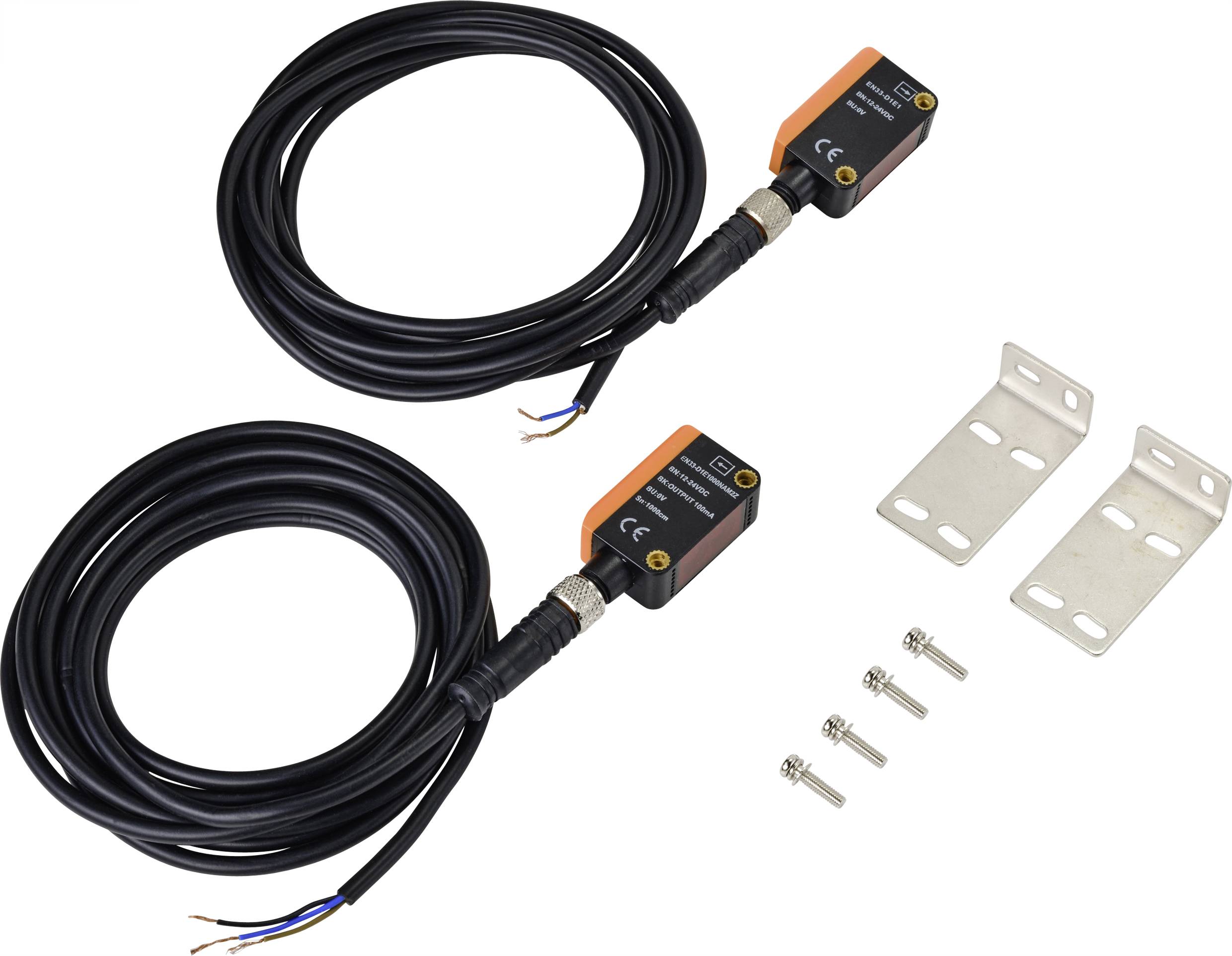 Two black security light barriers with cables, screws, and mounting brackets. They are used for object detection.