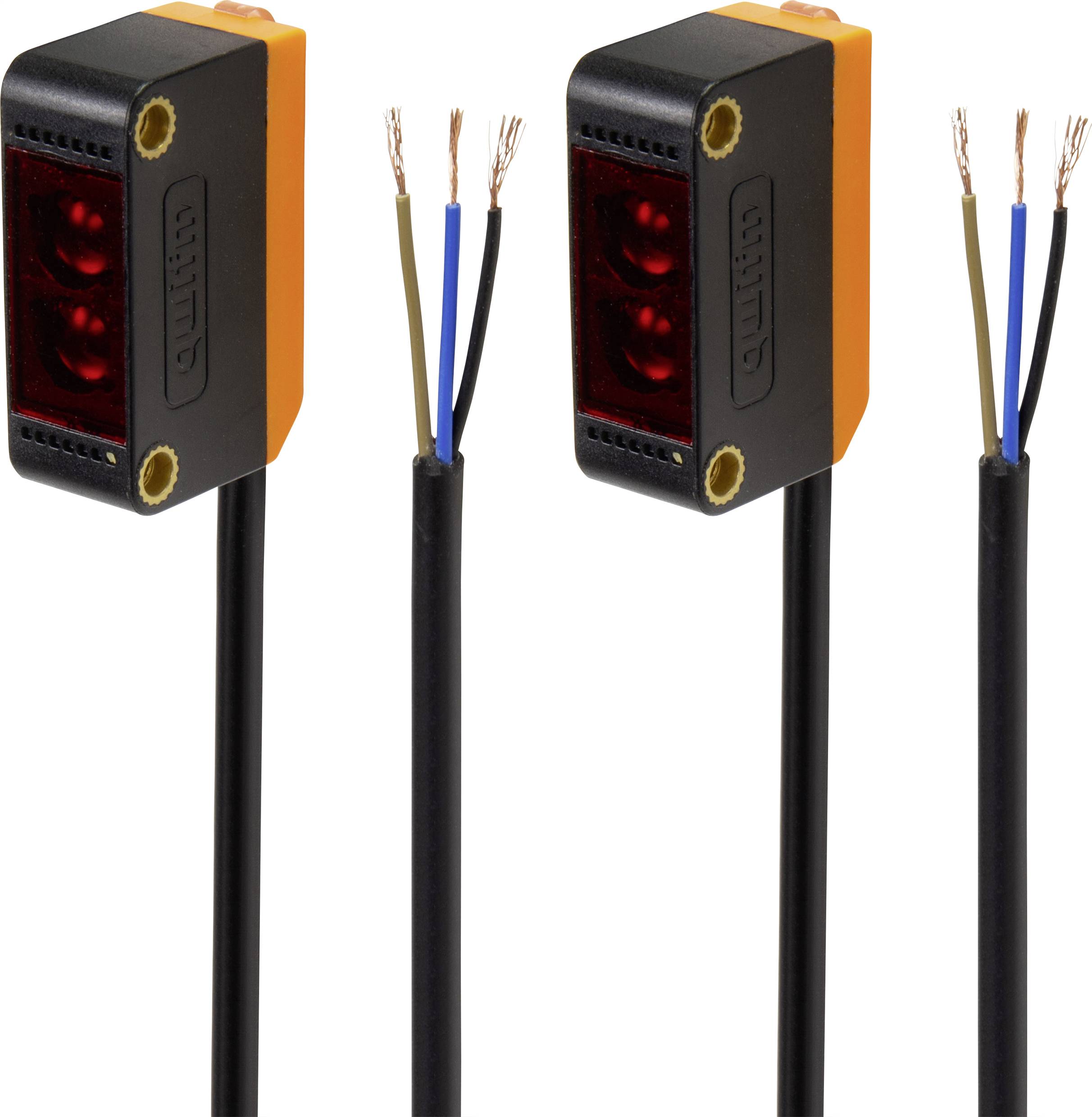 Three rectangular, sensor-like devices with cables. Devices have a black casing with orange corners and exposed copper wires.