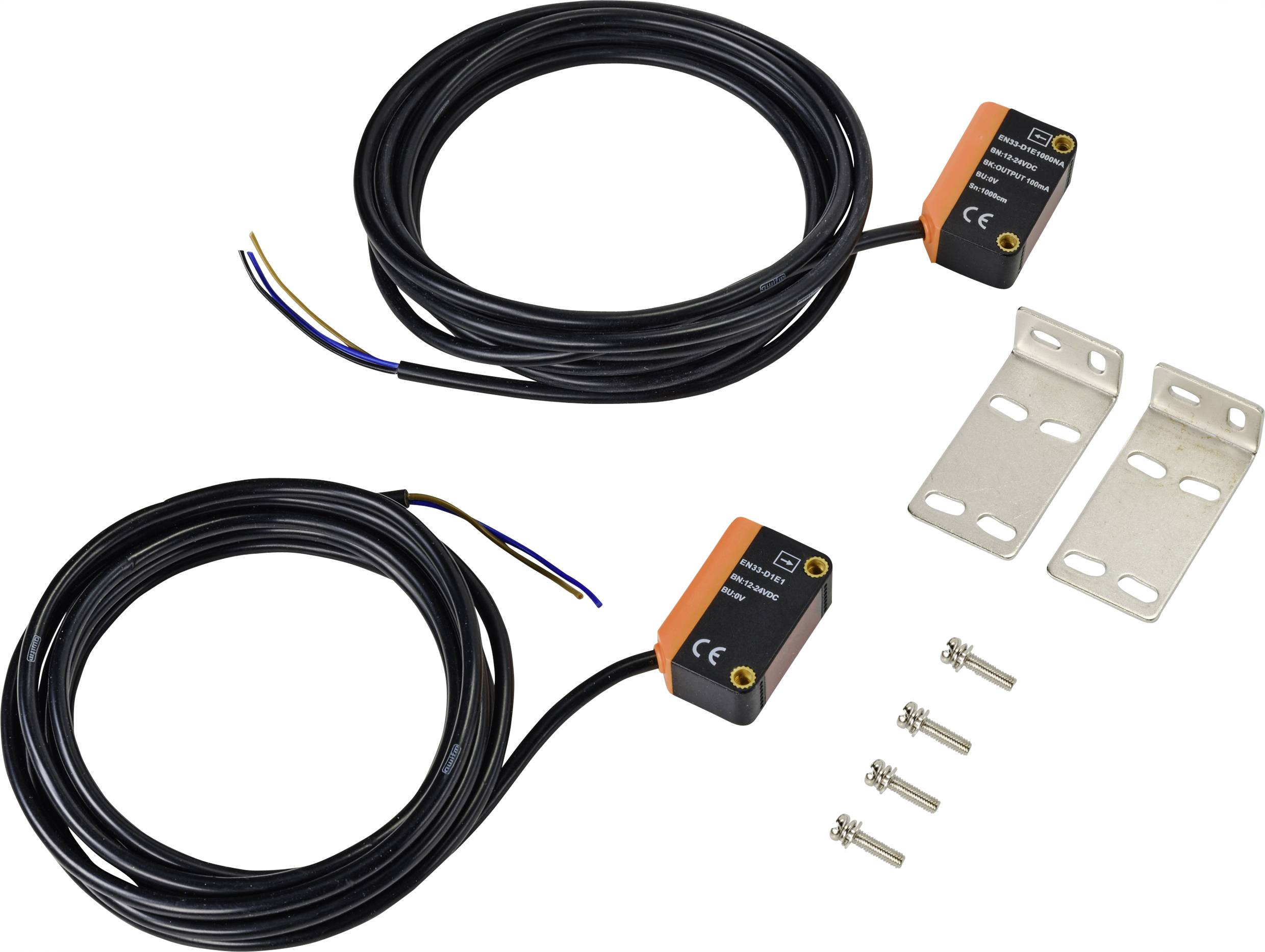 Two proximity sensors with cables and mounting hardware, including brackets and screws, on a white background.