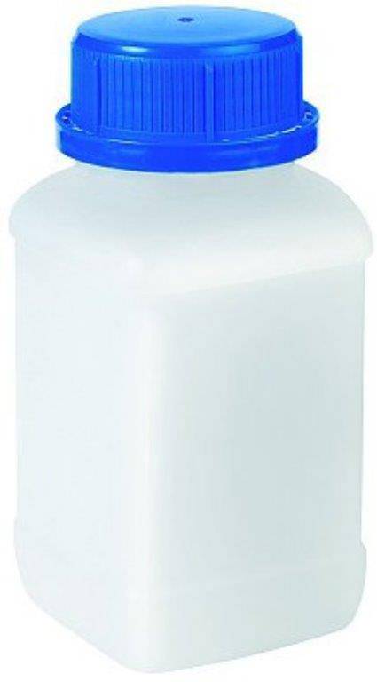 A white plastic container with a blue screw-on lid.