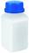 A white plastic container with a blue screw-on lid.