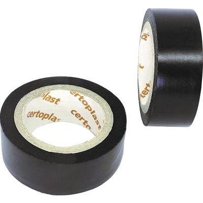 Two rolls of black insulating tape stand upright, one showing the inner label with the 'certoplast' lettering in orange.
