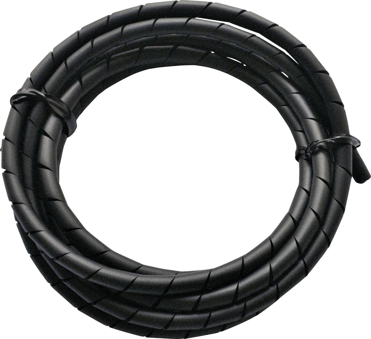 A black cable spiral for organising cables, tightly coiled and ready for use.