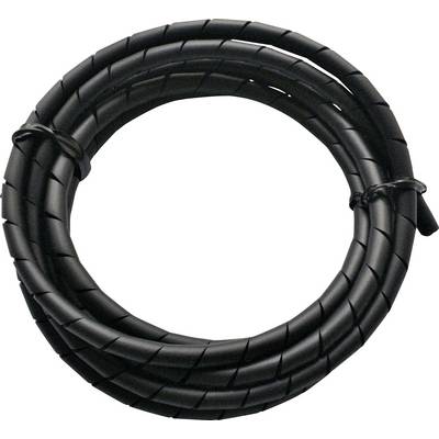 A black cable spiral for organising cables, tightly coiled and ready for use.