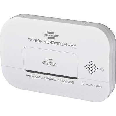 White Brennenstuhl carbon monoxide alarm with 'TEST/SILENCE' button, speaker grille, and indicator labels for green power, yellow fault, and red alarm.