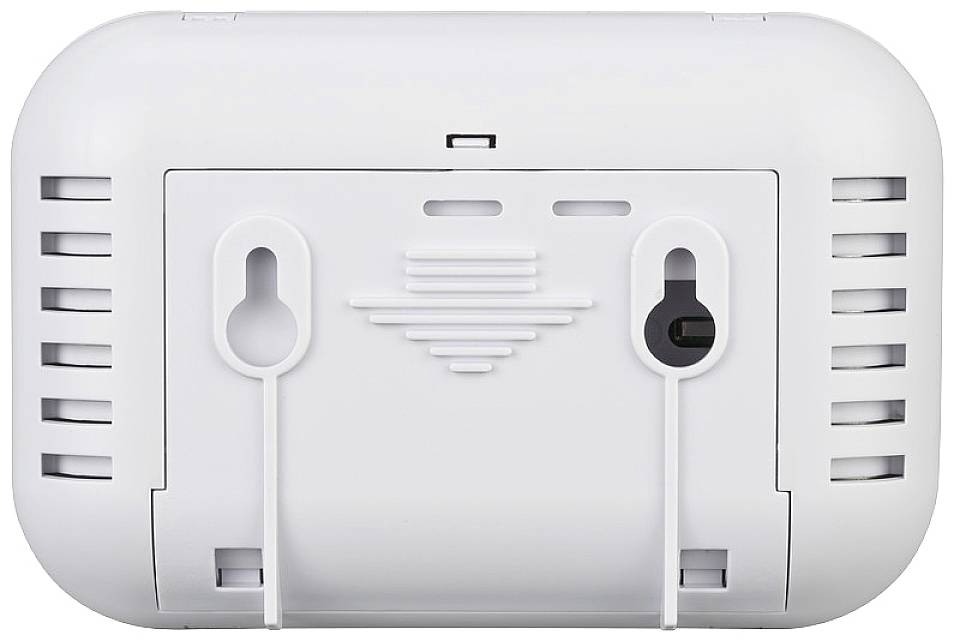 Rear view of a white device with ventilation slots and two keyhole cutouts for wall mounting.