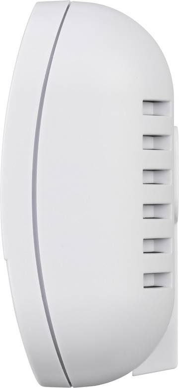 A white, oval electronic device with several horizontal ventilation slots on the right side.