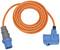 Orange extension lead with blue plugs, coiled.