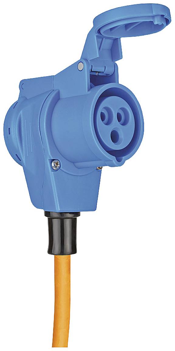 A blue CEE plug with three round holes and an orange cable. The plug's cover is opened upwards.