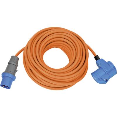 Orange coiled extension cable with blue and gray electrical connectors on each end.