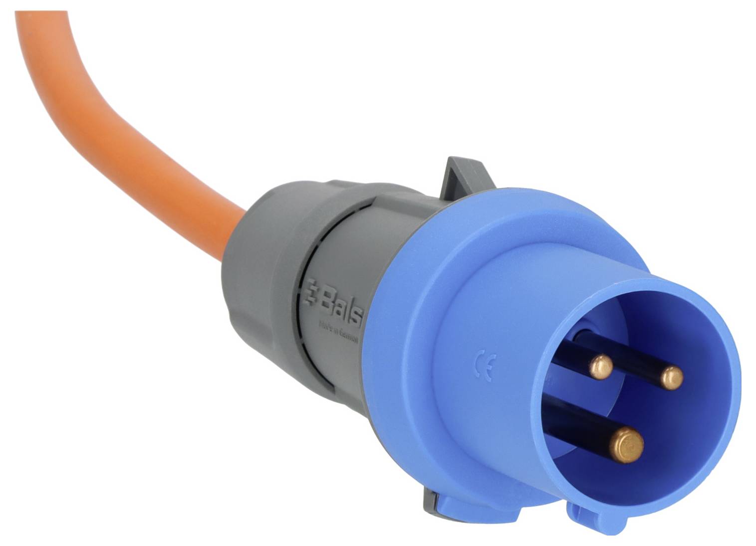 A blue industrial power plug attached to an orange cable, designed for high-power connections, displaying three copper prongs.