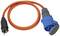 An orange extension lead with a blue CEE plug and a black Schuko plug, suitable for outdoor use.