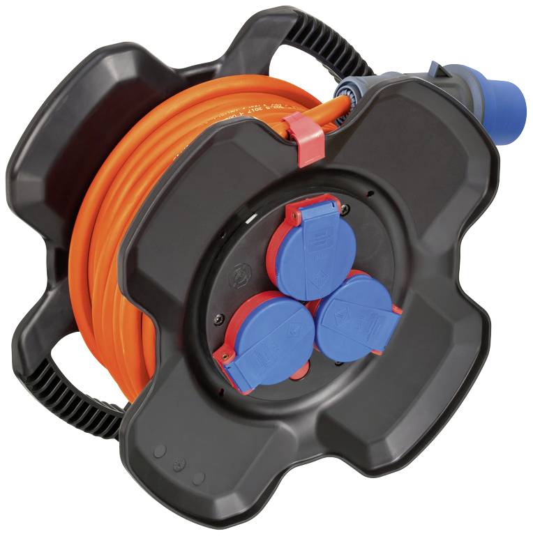 'Black cable reel with orange cable and three blue sockets.'