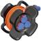 'Black cable reel with orange cable and three blue sockets.'