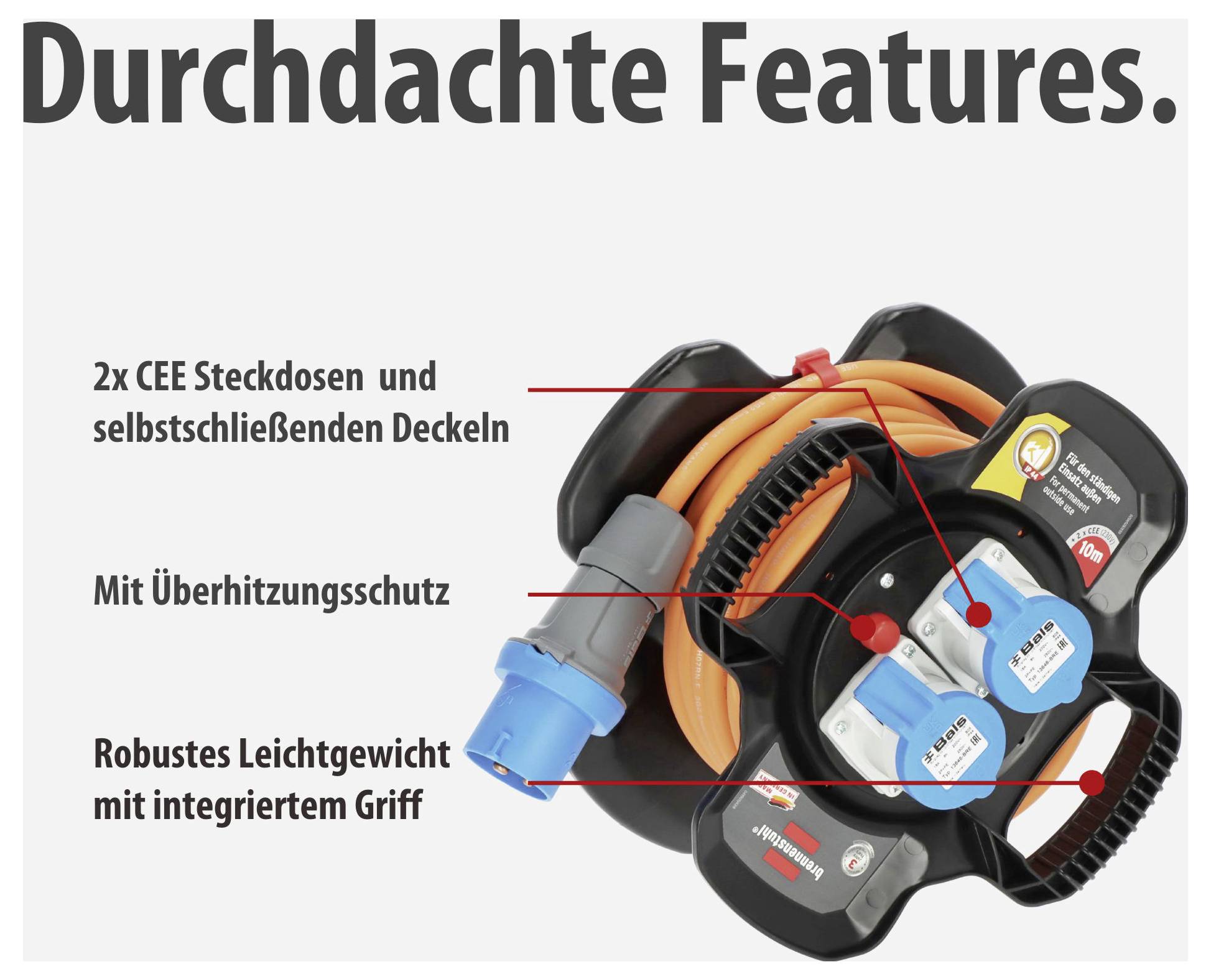 Cable drum with 'Well-thought-out features': 2x CEE sockets with self-closing covers, overheat protection and integrated carry handle.