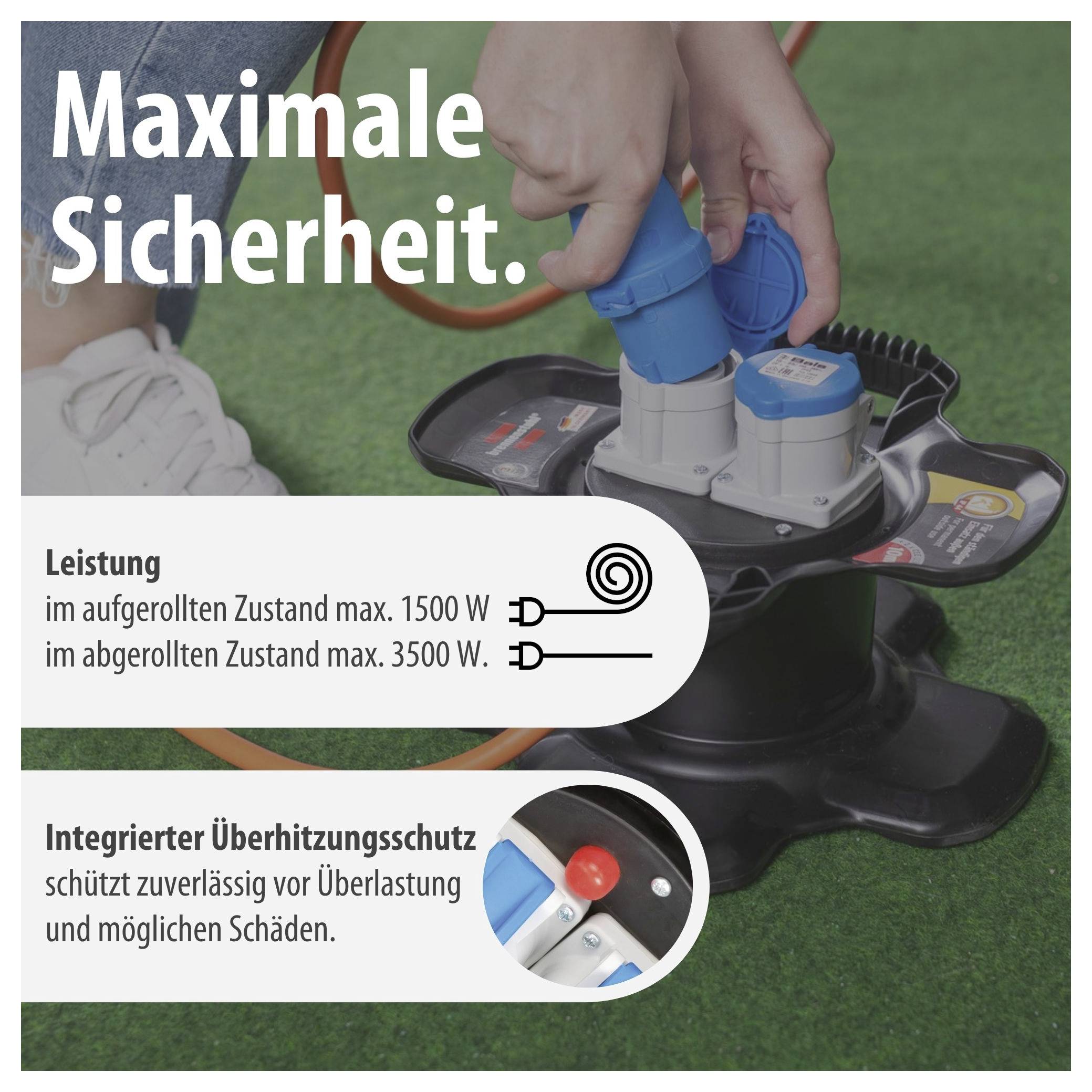 Advertising for an extension cable with socket: 'Maximum Safety.'; Power 1500 W wound up, 3500 W unwound; integrated overheat protection.