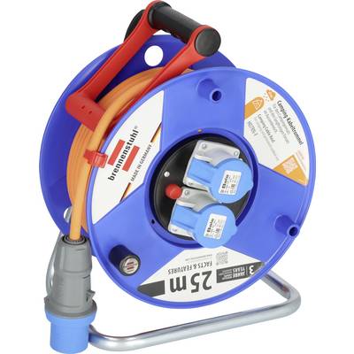 Blue Brennenstuhl cable reel with orange extension cord, handle, and two power outlets, shown on a metal stand.
