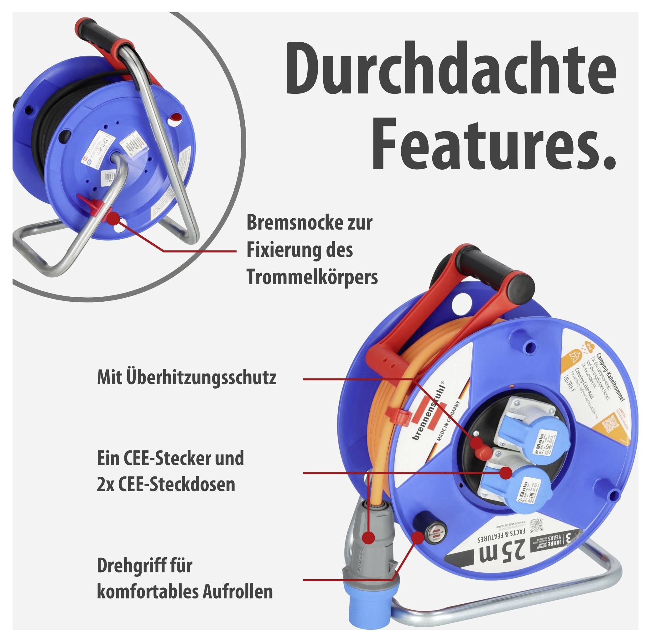 Product image of a blue cable reel with the heading 'Thoughtfully Designed Features.'; marked are brake pawl, overheating protection, CEE plug/2x CEE sockets and rotating handle for winding up.