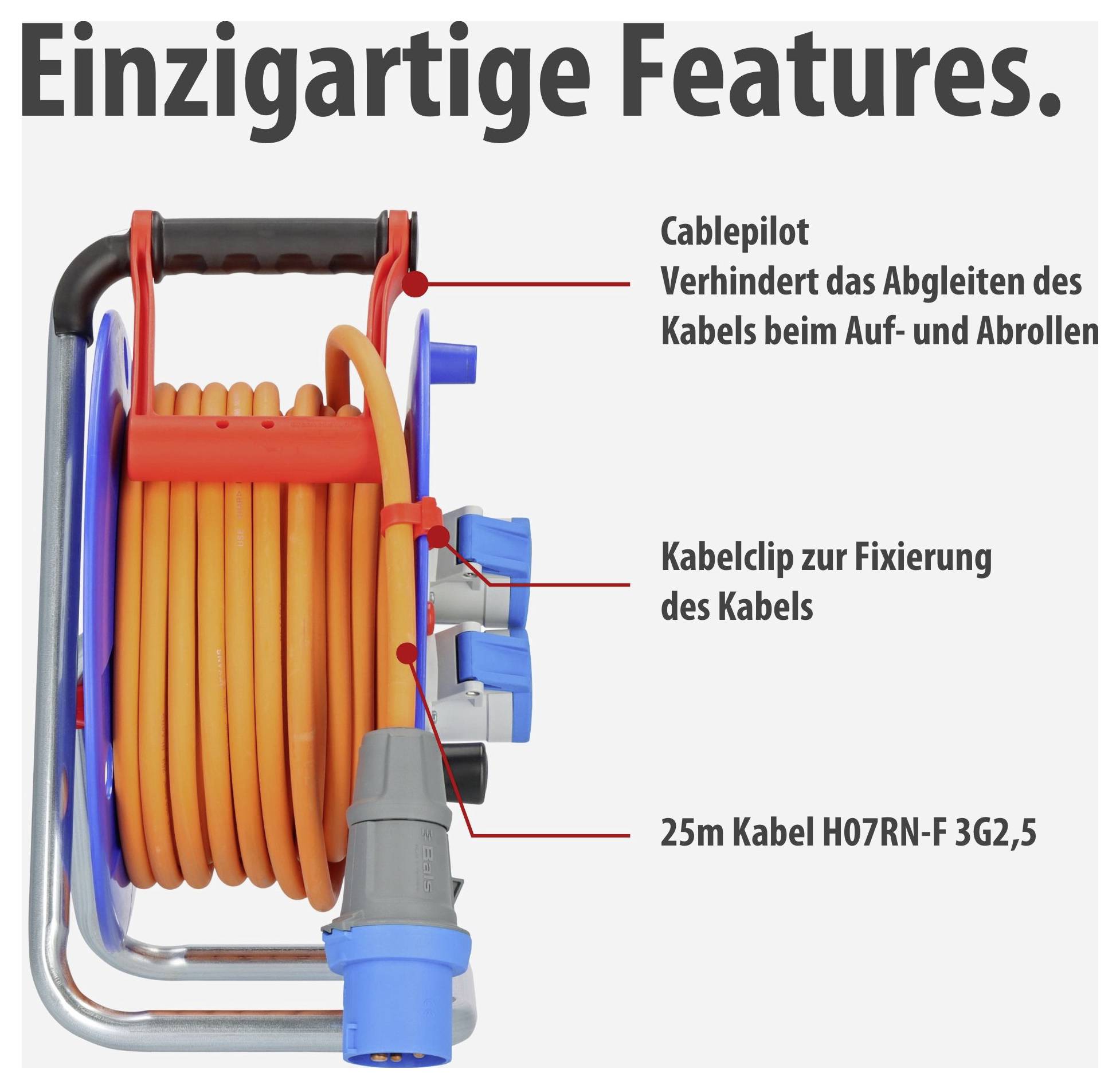 Cable reel with orange cable and sockets, labelled with 'Unique Features': Cablepilot, cable clip for fixing and 25 m cable H07RN-F 3G2.5.