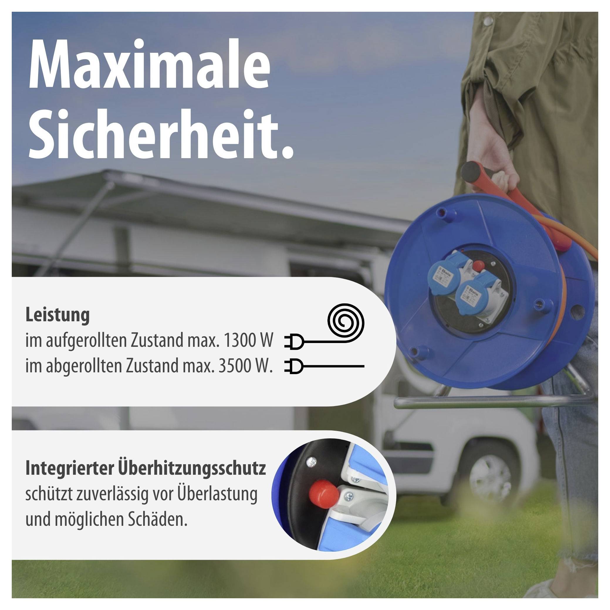 Advertising image of a cable reel with the text 'Maximum Safety'; states power 1300 W wound up and 3500 W unwound as well as integrated overheat protection.